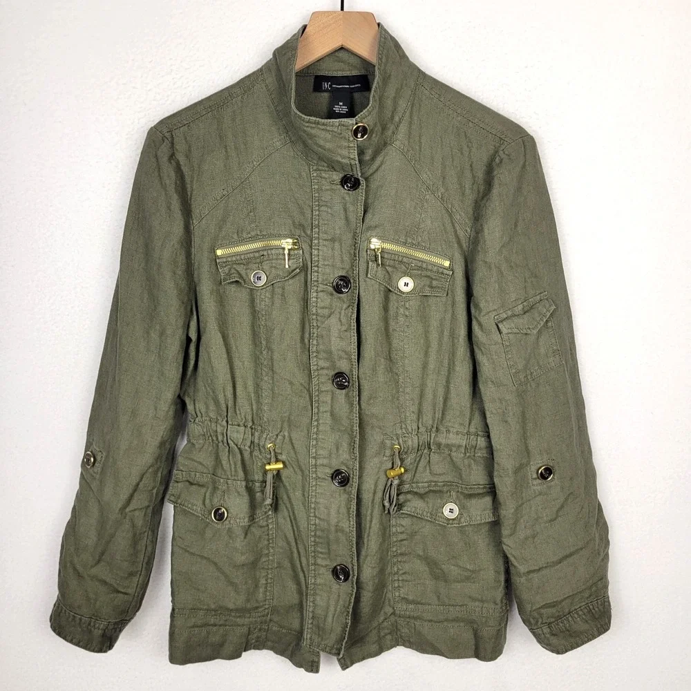 INC International Concepts Olive Green Linen Utility Jacket M Gold Zip Military‎